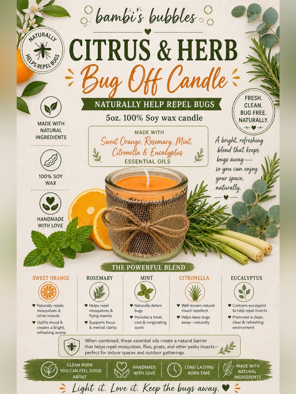 Citrus & Herb Hand Crafted Bug Off Soy Wax 5oz Candle